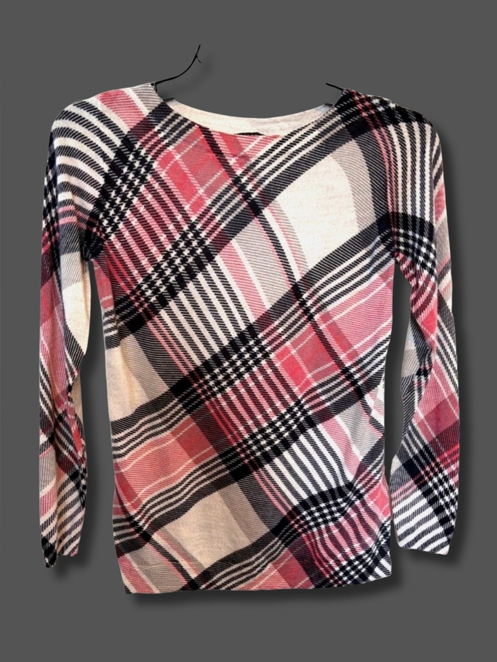 Talbots Petite Pure Merino Wool Plaid Sweater P Pink Black Gray